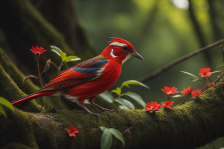 Beautiful red bird on a branch with red flowers in the forest. generative aiの素材