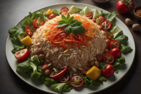 Rice salad with vegetables and chickpeas on a plate. generative aiの素材