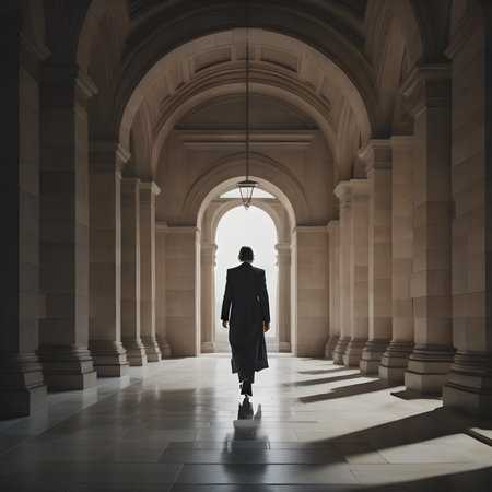 Silhouette of a businesswoman walking in the interior of the building. generative aiの素材