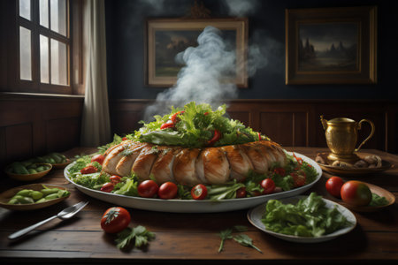 Grilled chicken breast with lettuce and cherry tomatoes on a wooden table. generative aiの素材