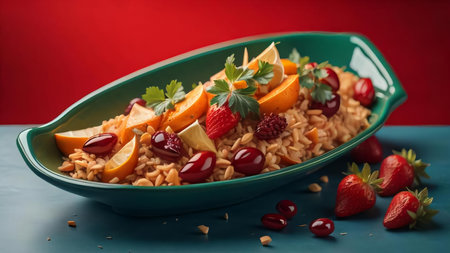 Rice with fruits and berries in a bowl on a blue background. generative aiの素材
