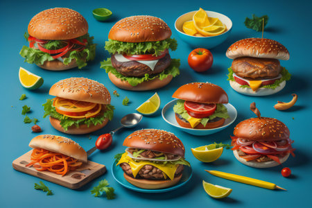 Hamburgers with different ingredients on blue background, top view. generative aiの素材