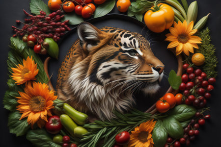 Tiger head surrounded by autumn vegetables and herbs on black background. generative aiの素材