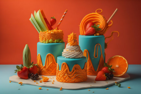Fruit cake decorated with whipped cream and fruits on orange background. generative aiの素材