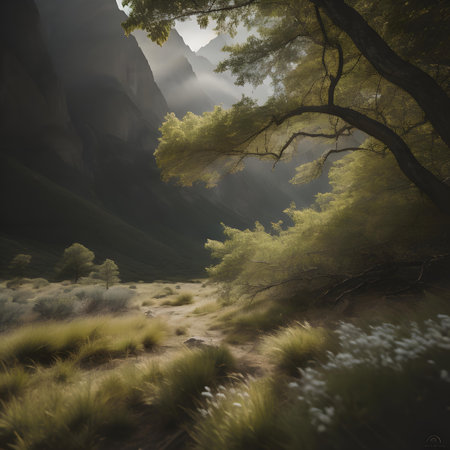 Fantasy landscape of a forest in the mountains. generative aiの素材