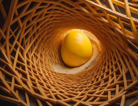 Yellow egg inside a wicker basket made of wooden planks. generative aiの素材