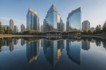 Reflection of skyscrapers in the lake at. generative aiの素材