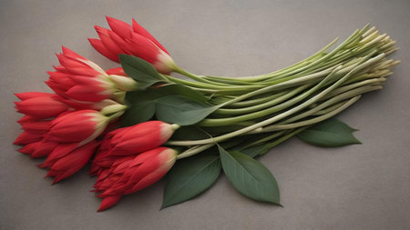 Bouquet of red tulips with green leaves on gray background. generative aiの素材