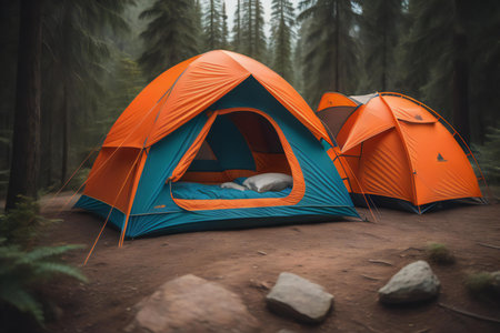 Camping tent in the forest. Camping in the mountains. generative aiの素材