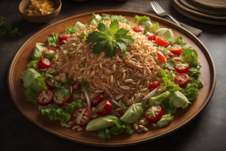 Plate of rice salad with fresh vegetables and spices on dark background. generative aiの素材