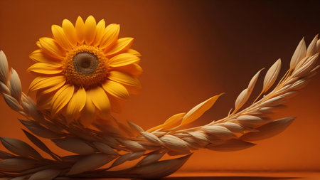 Sunflower and ears of wheat on orange background. generative aiの素材