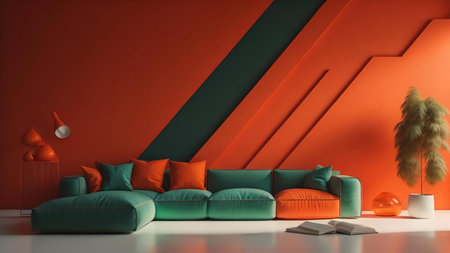 Interior of modern living room with red walls, concrete floor, green sofa and orange armchair. generative aiの素材