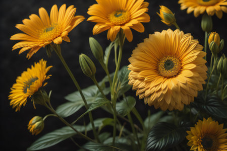 Beautiful yellow gerbera flowers on a dark background. Selective focus. generative aiの素材