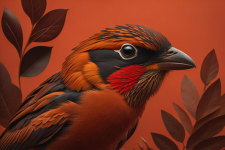 Red bird on a red background with leaves. generative aiの素材