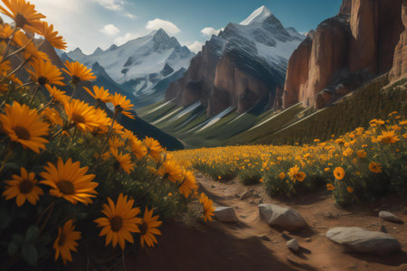 Sunflower meadow in the mountains. generative aiの素材
