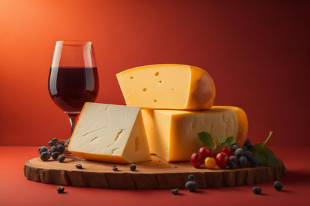 Cheese collection, red wine and grape on wooden board over red background. generative aiの素材