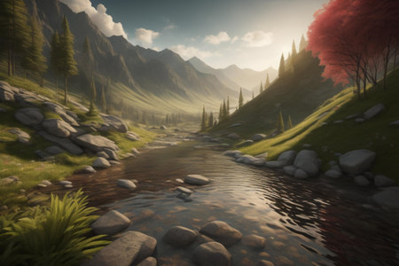 Mountain landscape with a stream in the foreground, generative aiの素材