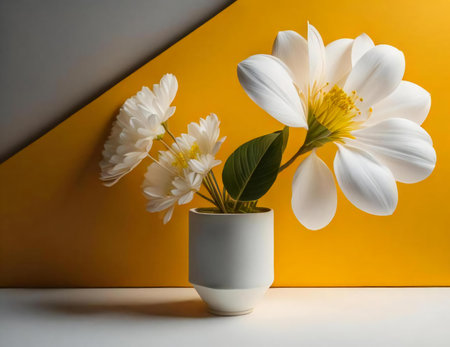 White flowers in a vase on a yellow and gray background. generative aiの素材