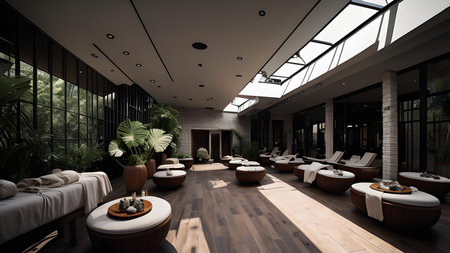 a modern hotel lobby interior with a glass wall. generative aiの素材