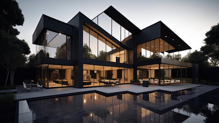 modern cozy house with pool and parking for sale or rent in luxurious style. Sunset in the background. generative aiの素材