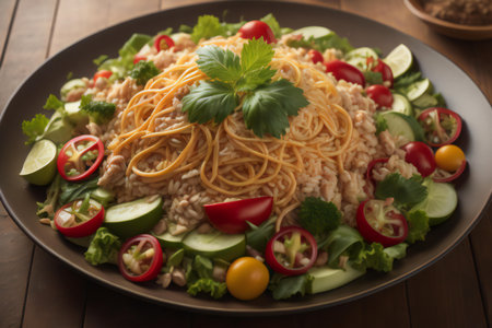 Delicious spaghetti with fresh vegetable salad on wooden table, closeup. generative aiの素材