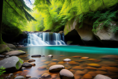 Beautiful waterfall in green forest with long exposure and blurred background. generative aiの素材