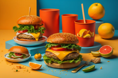 Fast food background. Hamburger, orange juice, ice cream, orange, grapefruit, lettuce, lemon on blue and orange background. generative aiの素材