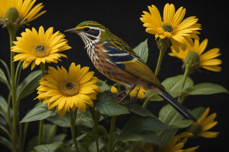 Red-throated reedling with yellow flowers on a black background. generative aiの素材