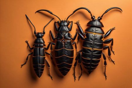 Couple of black beetle isolated on orange background. Top view. generative aiの素材