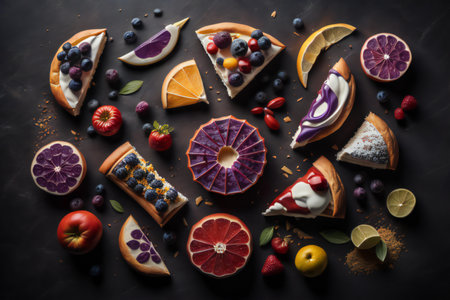 Different types of cakes with fruits and berries on a black background. generative aiの素材