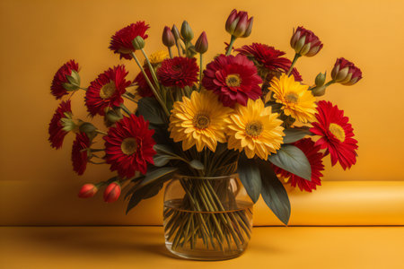 Bouquet of gerbera flowers in vase on yellow background. generative aiの素材