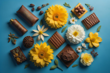 Chocolate bars and flowers on blue background. Flat lay, top view. generative aiの素材