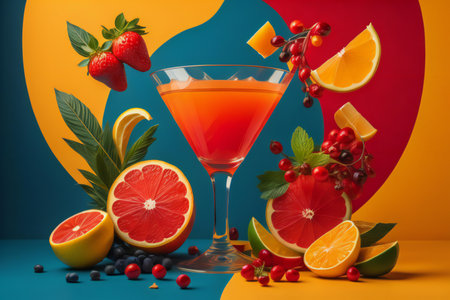 Cocktail with berries and fruits on a blue and orange background. generative aiの素材
