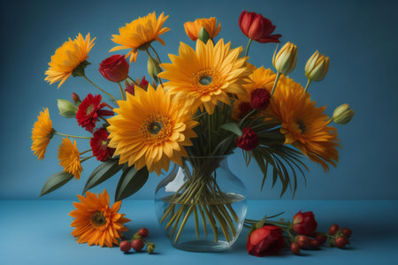 Beautiful bouquet of gerberas in vase on blue background. generative aiの素材
