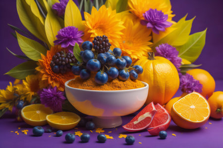 Fruit and berries in a bowl on a purple background. Healthy food concept. generative aiの素材