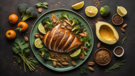 Roast chicken fillet with vegetables and spices on a dark background. generative aiの素材