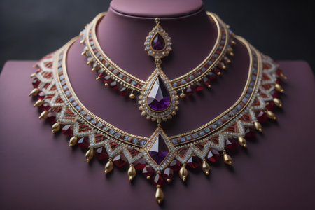 Necklace with precious stones on mannequin in jewelry store. generative aiの素材