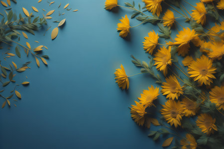 Flowers composition. Yellow flowers on blue background. Flat lay, top view, copy space. generative aiの素材
