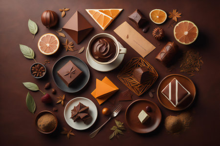 Top view of various chocolates and cup of coffee on brown background. generative aiの素材