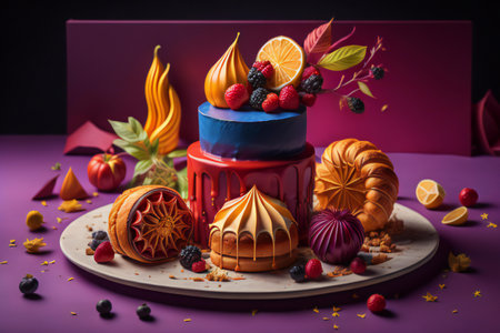 Birthday cake decorated with fruits and berries on a purple background. generative aiの素材
