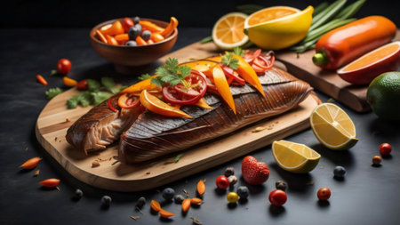 Salmon steaks with vegetables and spices on a black background. ai generatedの素材