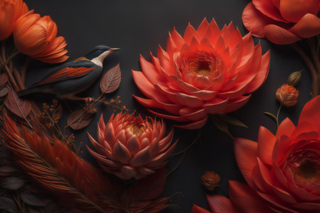 Beautiful red and orange flowers on a black background, top view. generative aiの素材