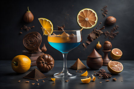 Cocktail in martini glass with orange slice, chocolate and spices on black background. generative aiの素材