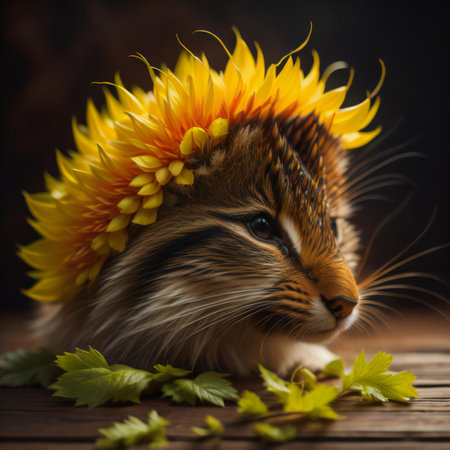 Funny cat with a wreath of flowers on a wooden background. generative aiの素材