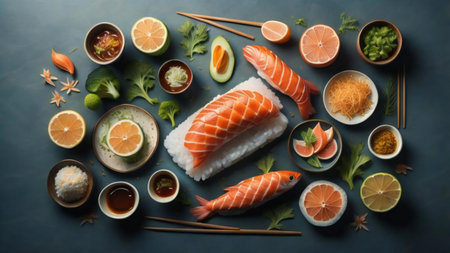 Japanese food. Sushi set on blue background. Top view. generative aiの素材