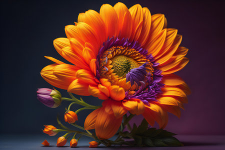 Orange gerbera and tulips on a dark blue background. generative aiの素材