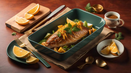 Tasty baked fish with lemon and herbs in bowl on wooden table. generative aiの素材