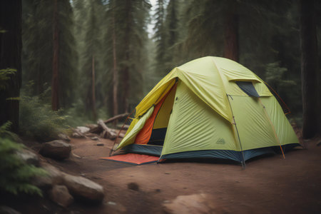 Camping tent in the forest. Camping in the forest. generative aiの素材