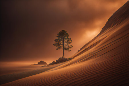 Desert landscape with lonely pine tree in the sand dunes. generative aiの素材