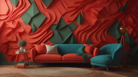 Interior of modern living room with red wall. generative aiの素材